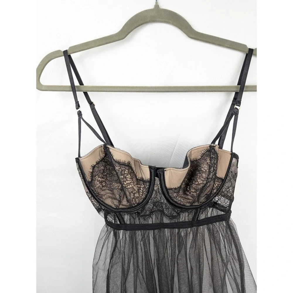 Victorias Secret Floral Lace Sheer Mesh Babydoll Lingerie Sz 34C Black Underwire